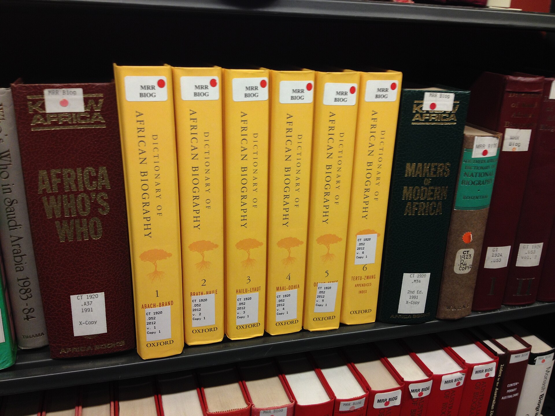 Rayonnages d’une bibliothèque universitaire consacrée aux langues et aux dictionnaires.