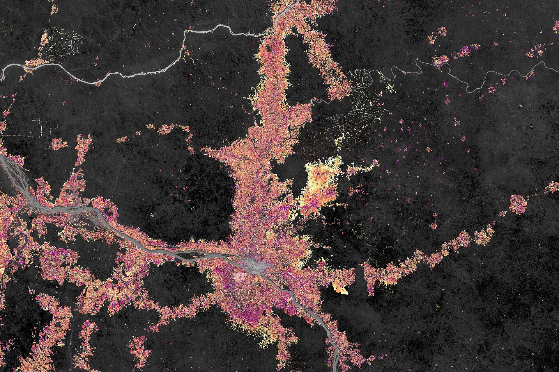 Vue satellite de la couverture forestière autour de Kisangani, en couleurs appliquées.